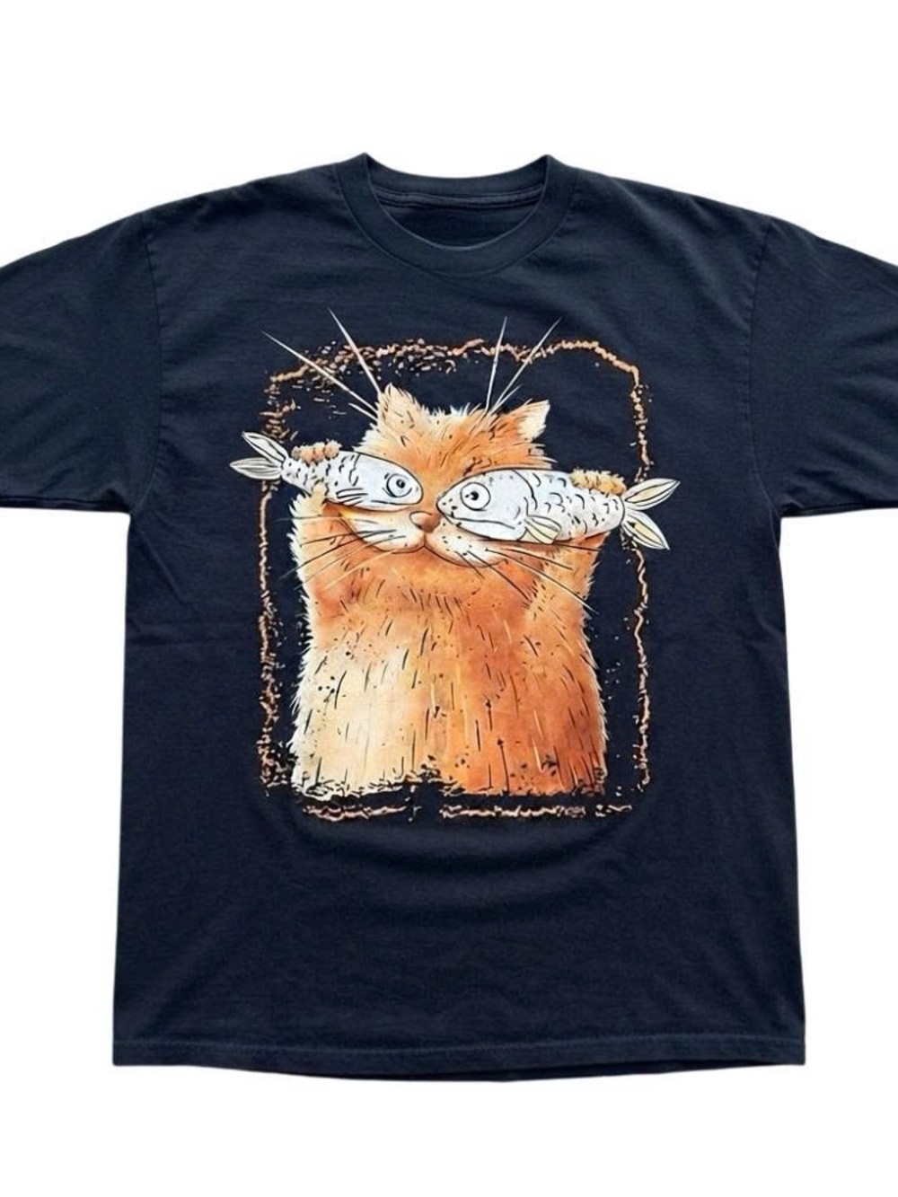 Black T-Shirt with Orange Cat & Fish Graphic - Pet Cat Apparel